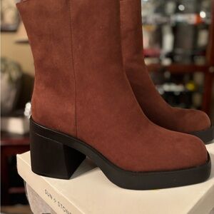 Sun + Stone Brown Heeled Boots with Chunky Heel